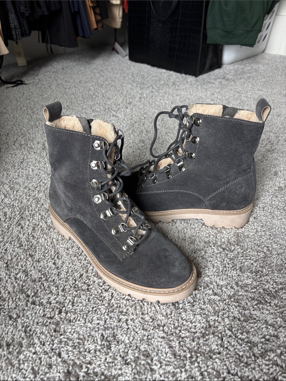 Dolce Vita Charcoal Gray Suede Lace-Up Shearling Combat Boots